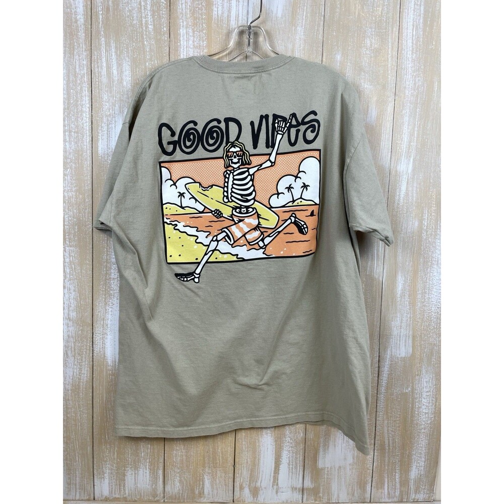 Call Your Mother T-Shirt XL Good Vibes Surfing Skeleton 2-Sided Cotton Beige
